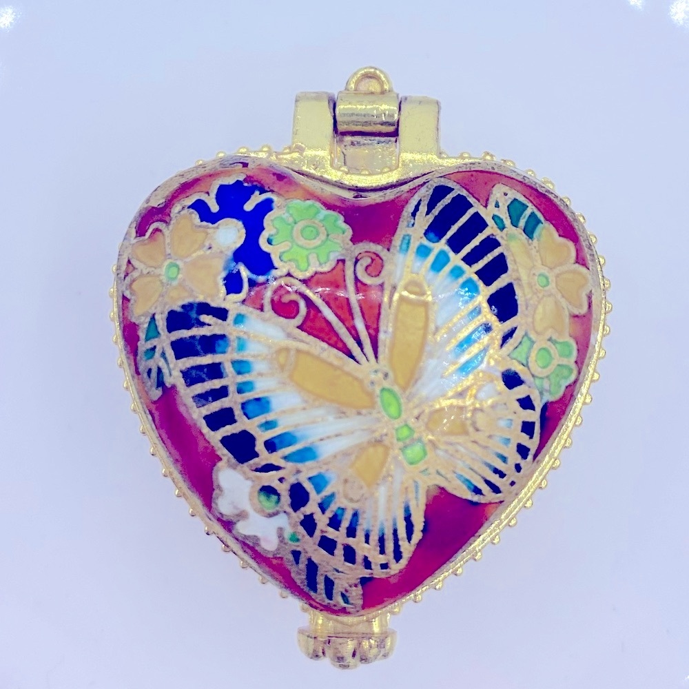 Cloisonné  Enamel Gold Plated Butterfly Heart Shaped Hinged PillBox Trinket Box